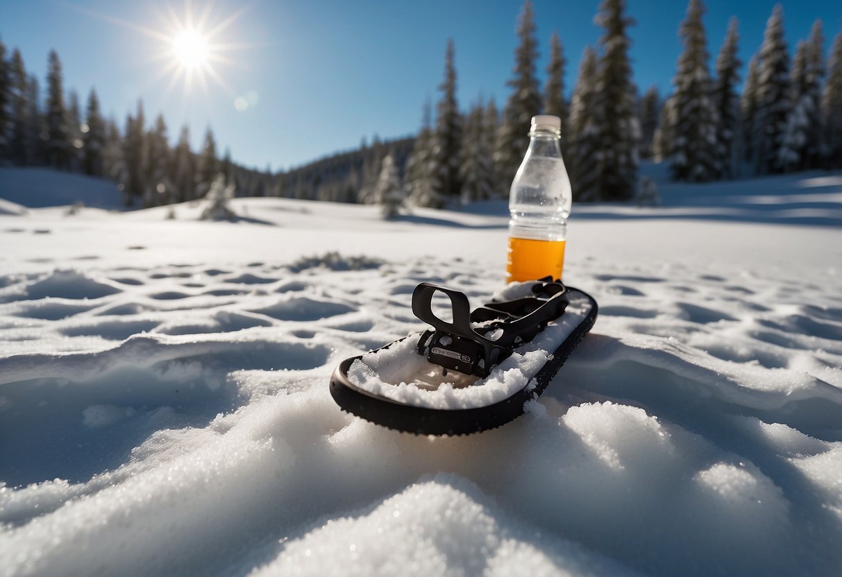 A sunny, snow-covered landscape with clear blue skies. Snowshoes are visible, along with a water bottle and sunscreen. The scene depicts a warm, sunny day for snowshoeing