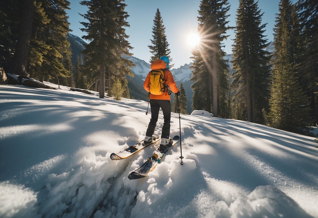 A person wearing light clothing snowshoeing in hot weather. Sun shining, snow glistening, surrounded by trees and mountains