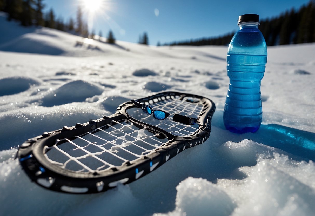 Snowshoes on a hot, sunny trail. Clear blue sky, melting snow, and a water bottle nearby. Sunscreen and sunglasses on the ground