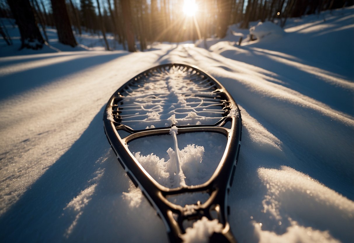 Snowshoes on a trail, sun low in the sky, snow glistening. Trees casting long shadows. Clear blue sky. Warm sunlight