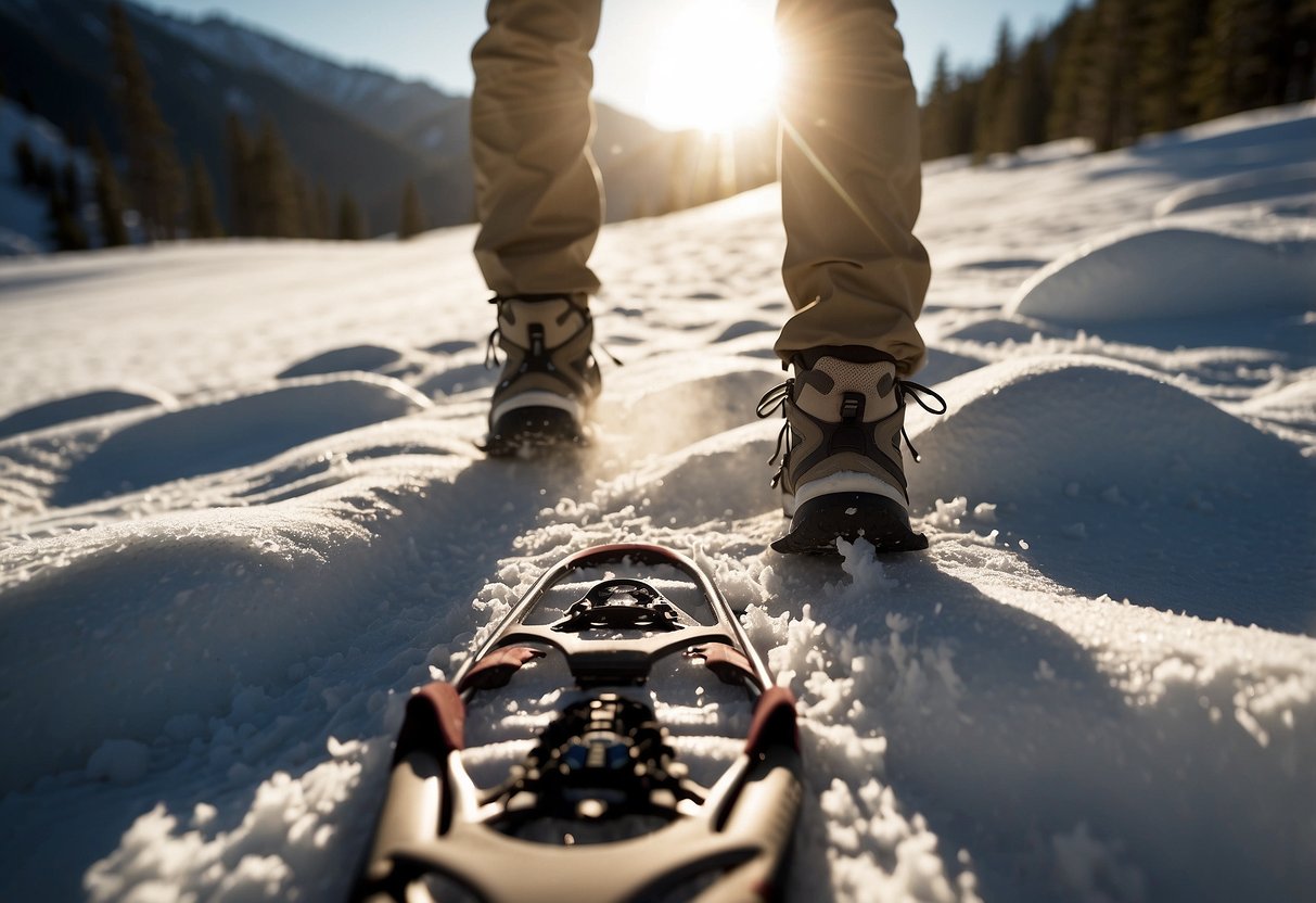 Snowshoes on dry, dusty trail. Sun beats down on hikers in lightweight, breathable gear. Sweat drips, but they push on, enjoying the hot weather