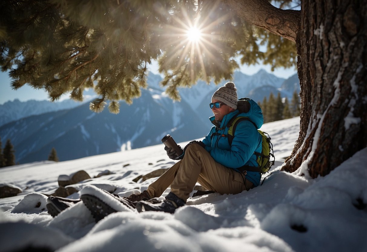 A snowshoer takes a break under a large tree, seeking shade from the hot sun during a trek in the snow-covered mountains