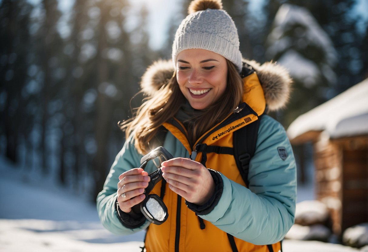 A snowshoer applies sunscreen to their exposed skin before heading out in the hot weather. The sun shines brightly as they prepare for their outdoor adventure