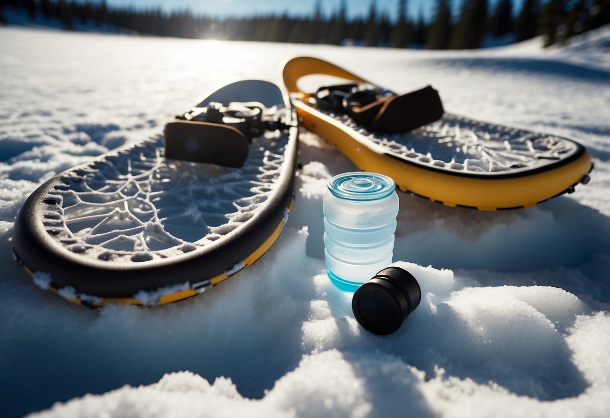 Snowshoes resting on a snowy trail, surrounded by bright sunshine and clear blue skies. A water bottle and sunscreen sit nearby, emphasizing the need for frequent breaks in hot weather