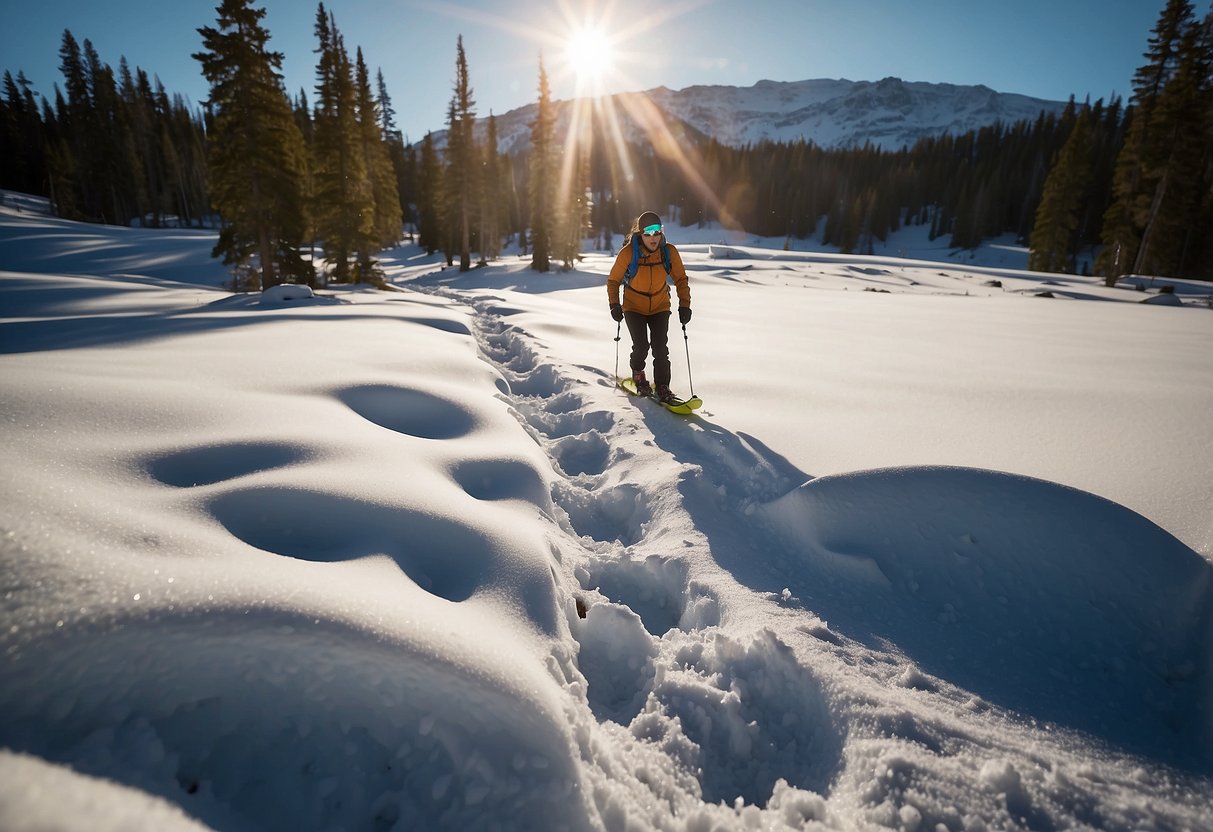 A figure snowshoeing in a sunny, warm environment. Tips for hot weather snowshoeing listed nearby. Snow-covered landscape with clear skies