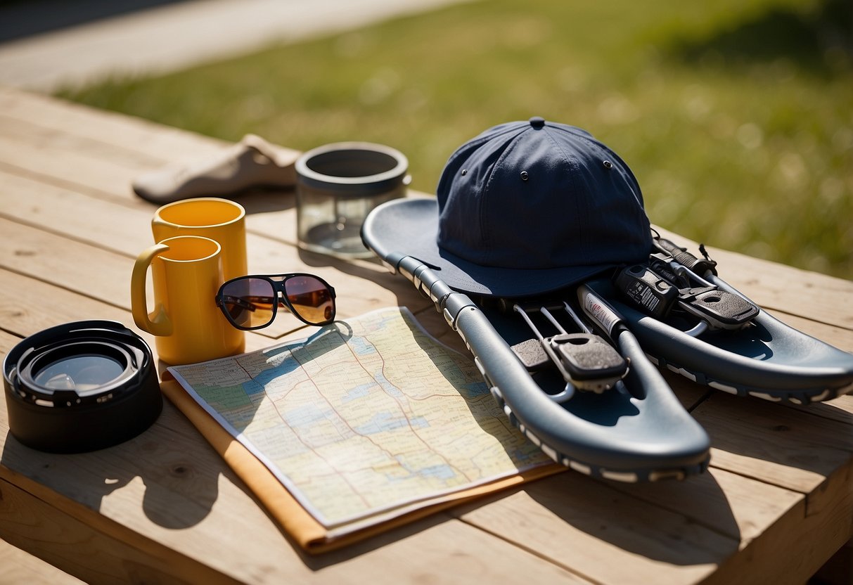 Snowshoes, sunscreen, hat, sunglasses, water bottle, light clothing, and map laid out on a table in a sunny, outdoor setting