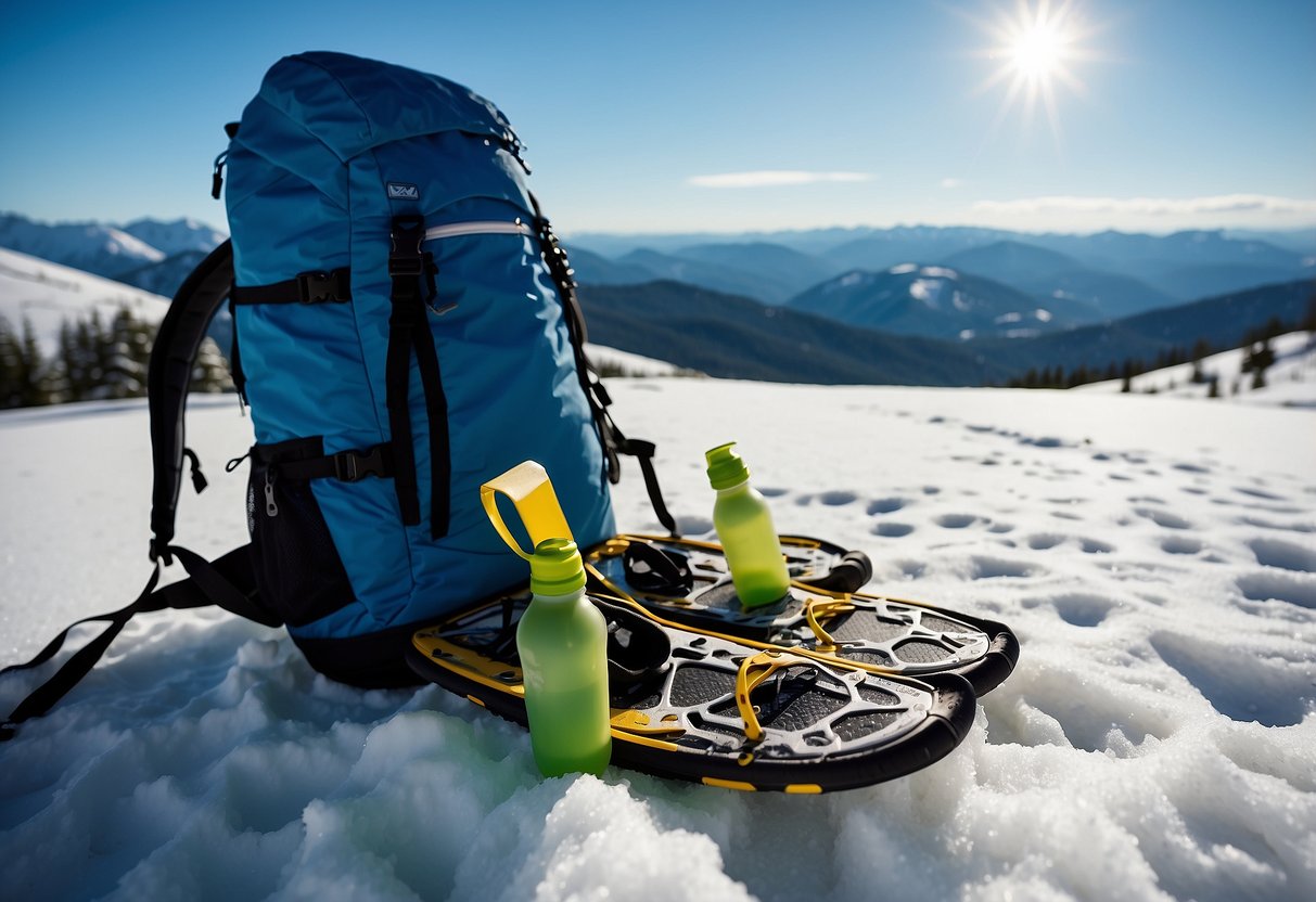 Snowshoes on dry, sunlit snow. Water bottles and sunscreen in a backpack. Clear blue sky and distant mountains