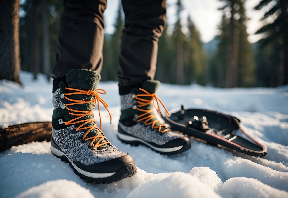 A pair of warm, moisture-wicking socks lie next to snowshoes in a snowy forest clearing. Pine trees and a distant mountain are visible in the background