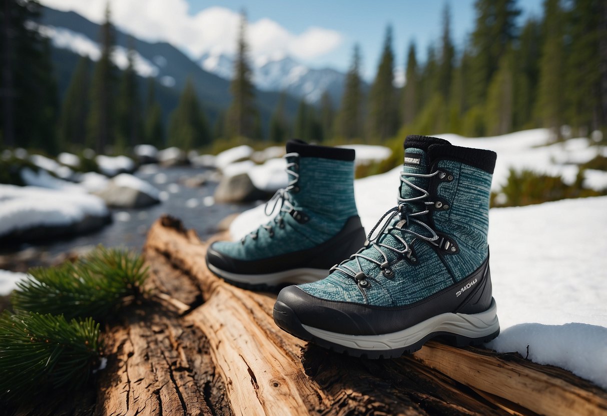 A snowy forest trail with a pair of snowshoes and the Smartwool PhD Outdoor Medium Crew socks on a log, surrounded by pine trees and a distant mountain peak