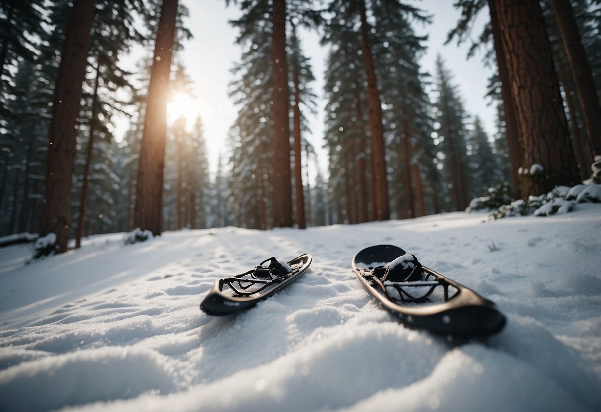 A snowy forest trail with a pair of snowshoes lying on the ground, surrounded by pine trees and a gentle snowfall