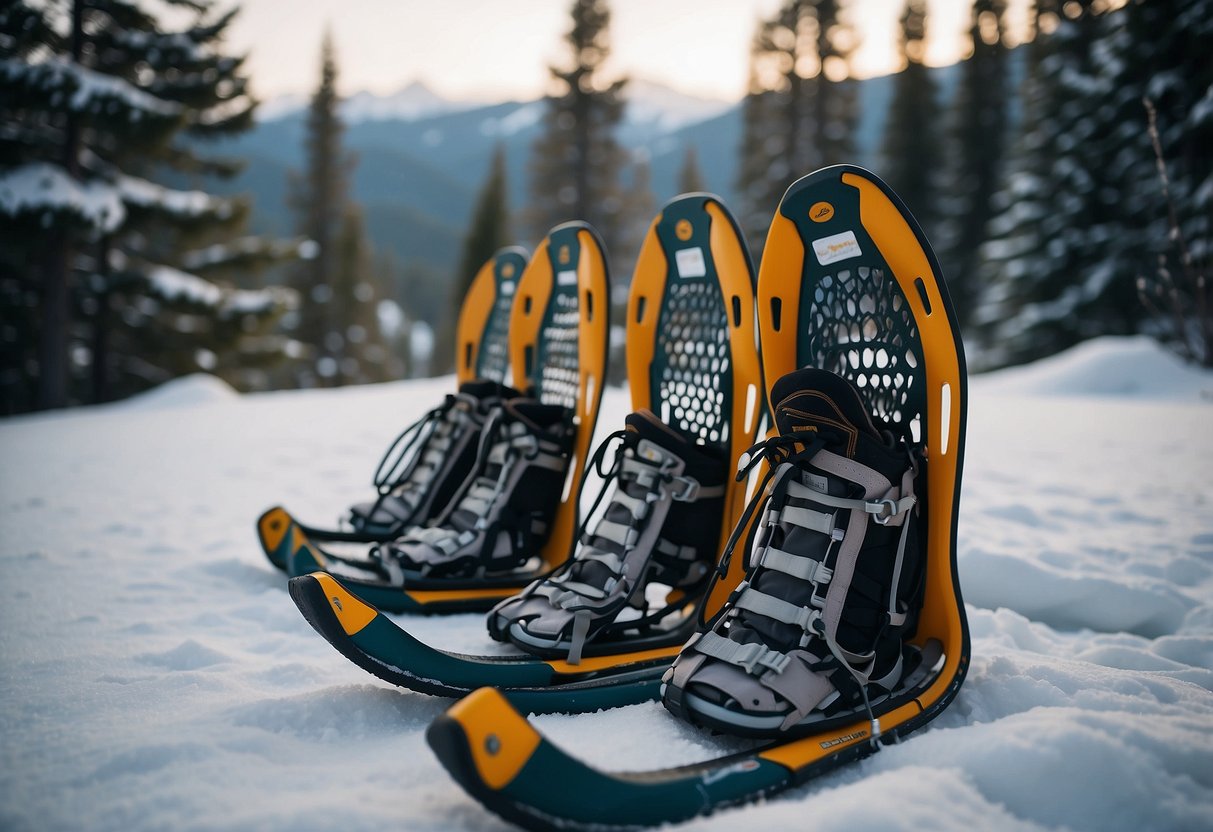 A group of snowshoes lined up on a snowy trail, with a pair of Icebreaker Hike+ Light Crew socks placed next to them. Snow-covered trees and mountains in the background