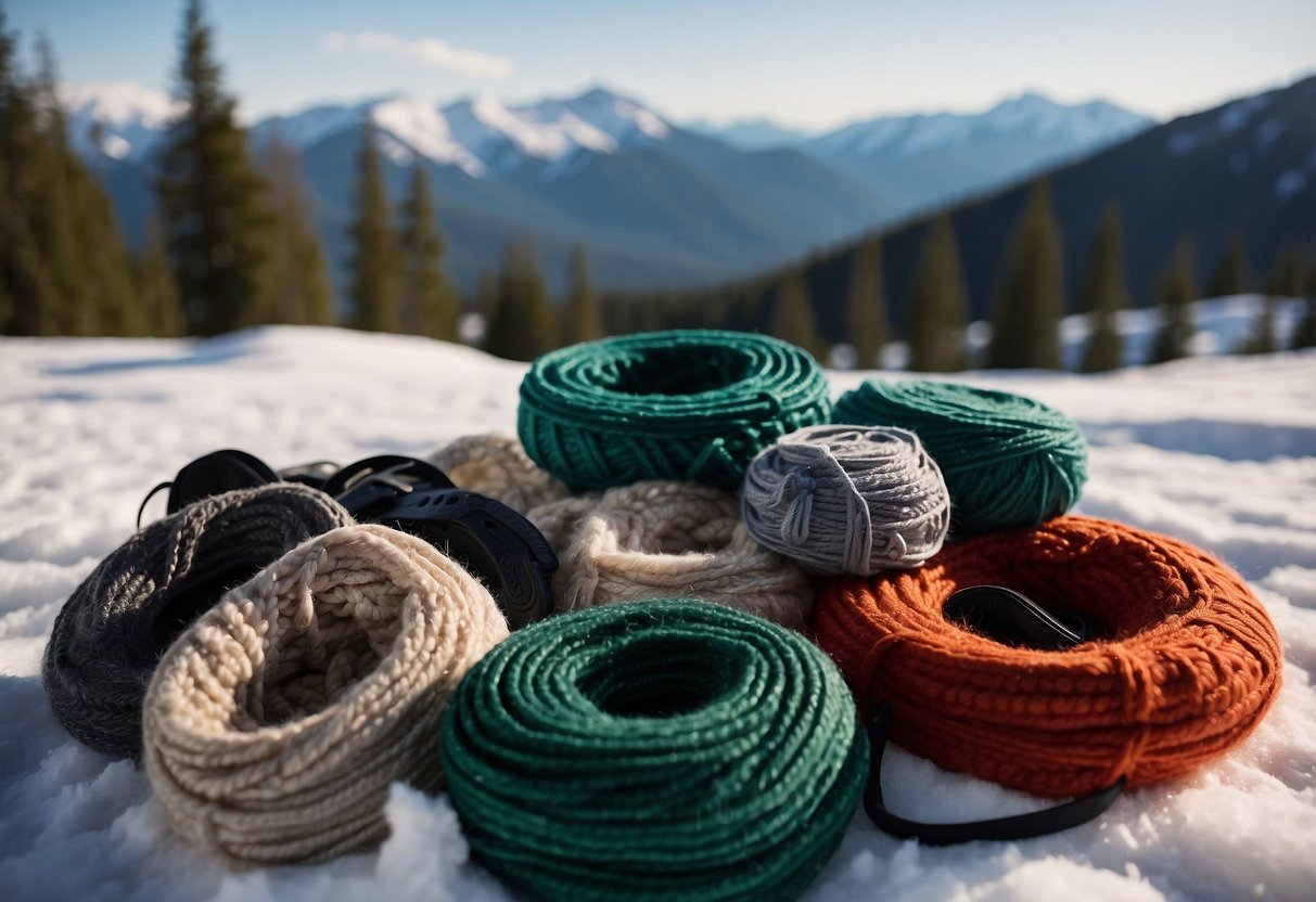 A pile of wool, nylon, and synthetic fabric, alongside a pair of snowshoes, with a backdrop of snowy mountains and pine trees