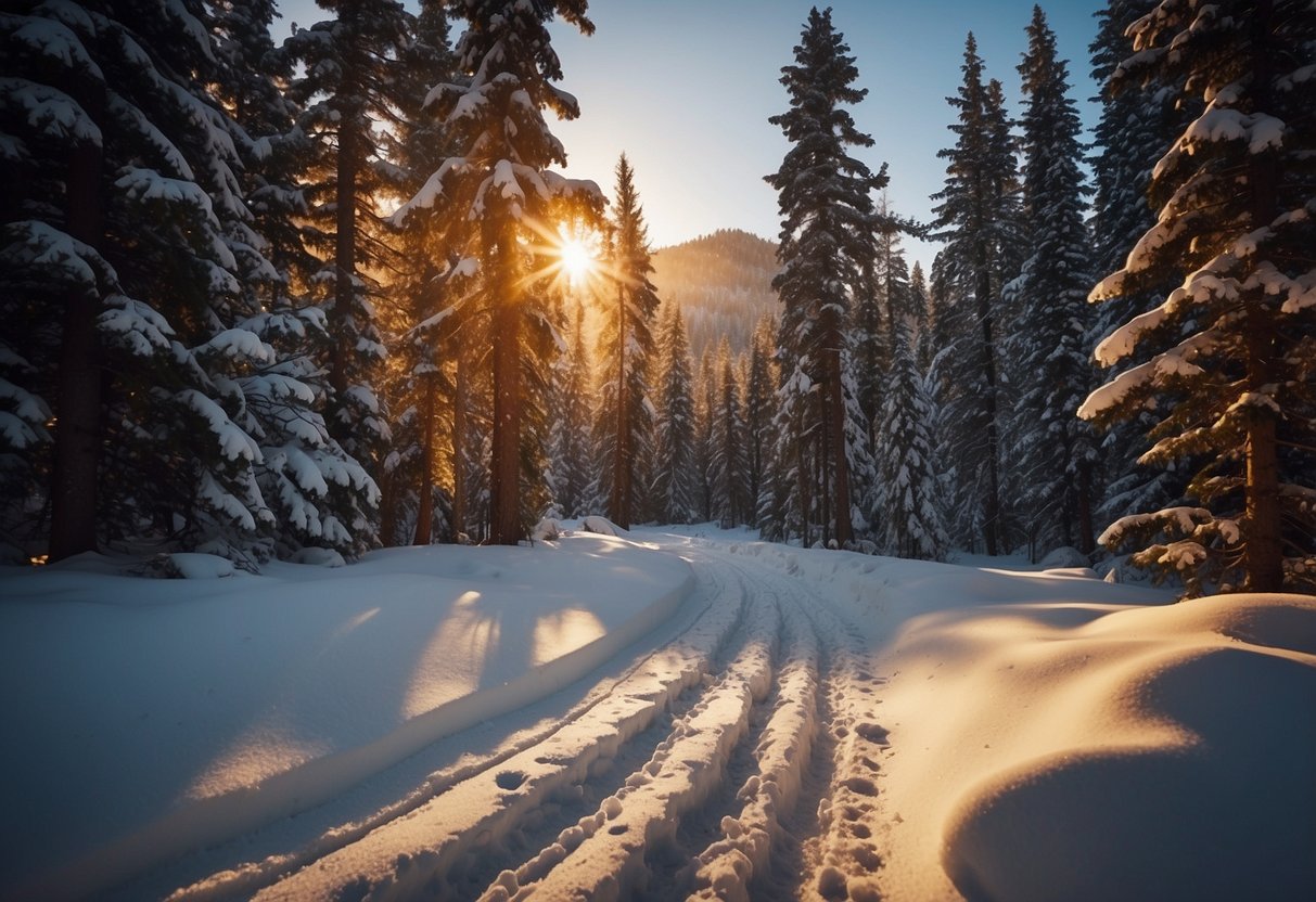 Snow-covered forest with snowshoe tracks leading to cozy campsites nestled among the trees. Smoke rises from campfires as the sun sets behind snow-capped mountains