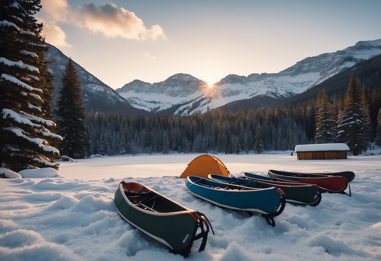 Snow-covered mountains loom over a serene campsite, with snowshoes lined up outside a cozy tent. Pine trees and a frozen lake complete the picturesque winter scene