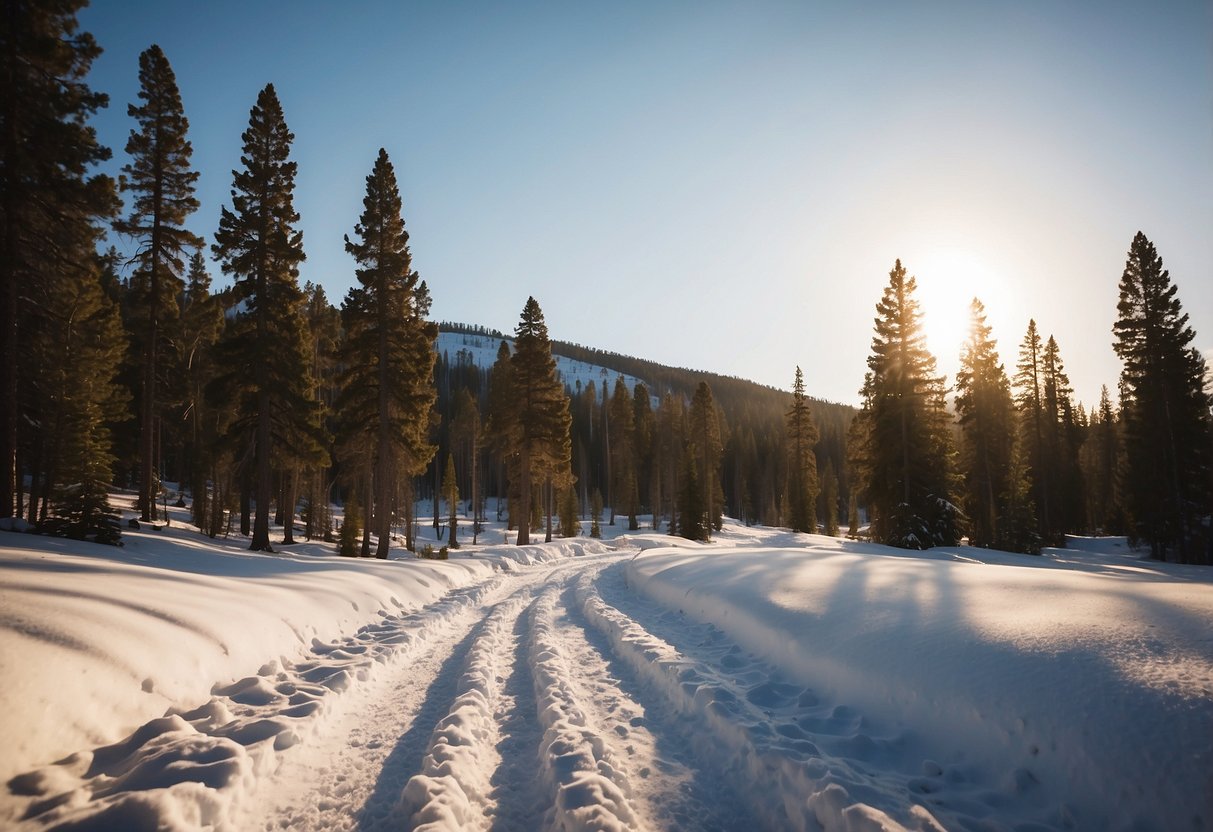 Snow-covered campsites nestled among tall pine trees in Yellowstone National Park, Wyoming, with snowshoe tracks leading through the pristine winter landscape