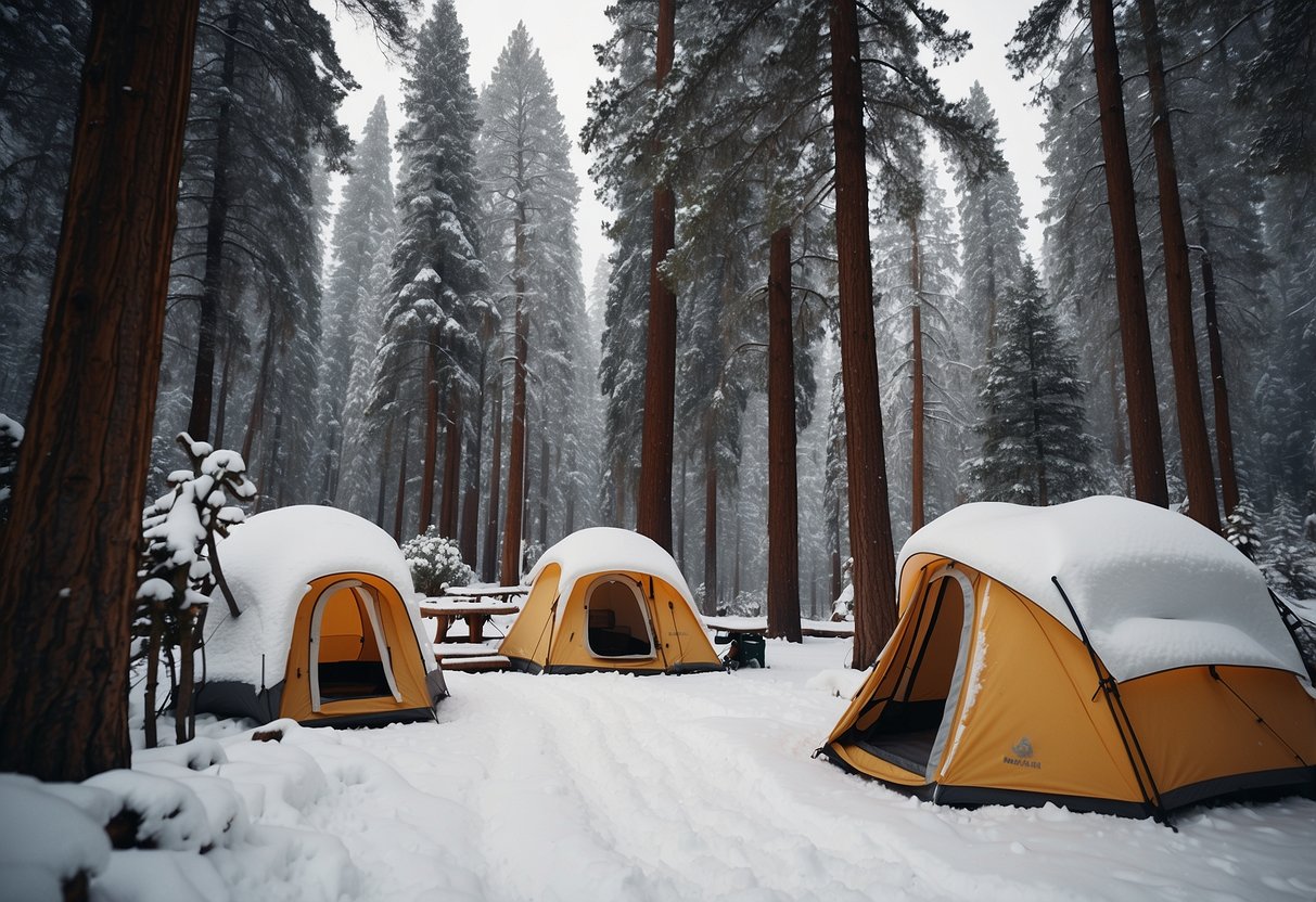 Snow-covered campsites nestled among towering trees in Yosemite National Park, with snowshoes scattered around and a clear view of the picturesque landscape