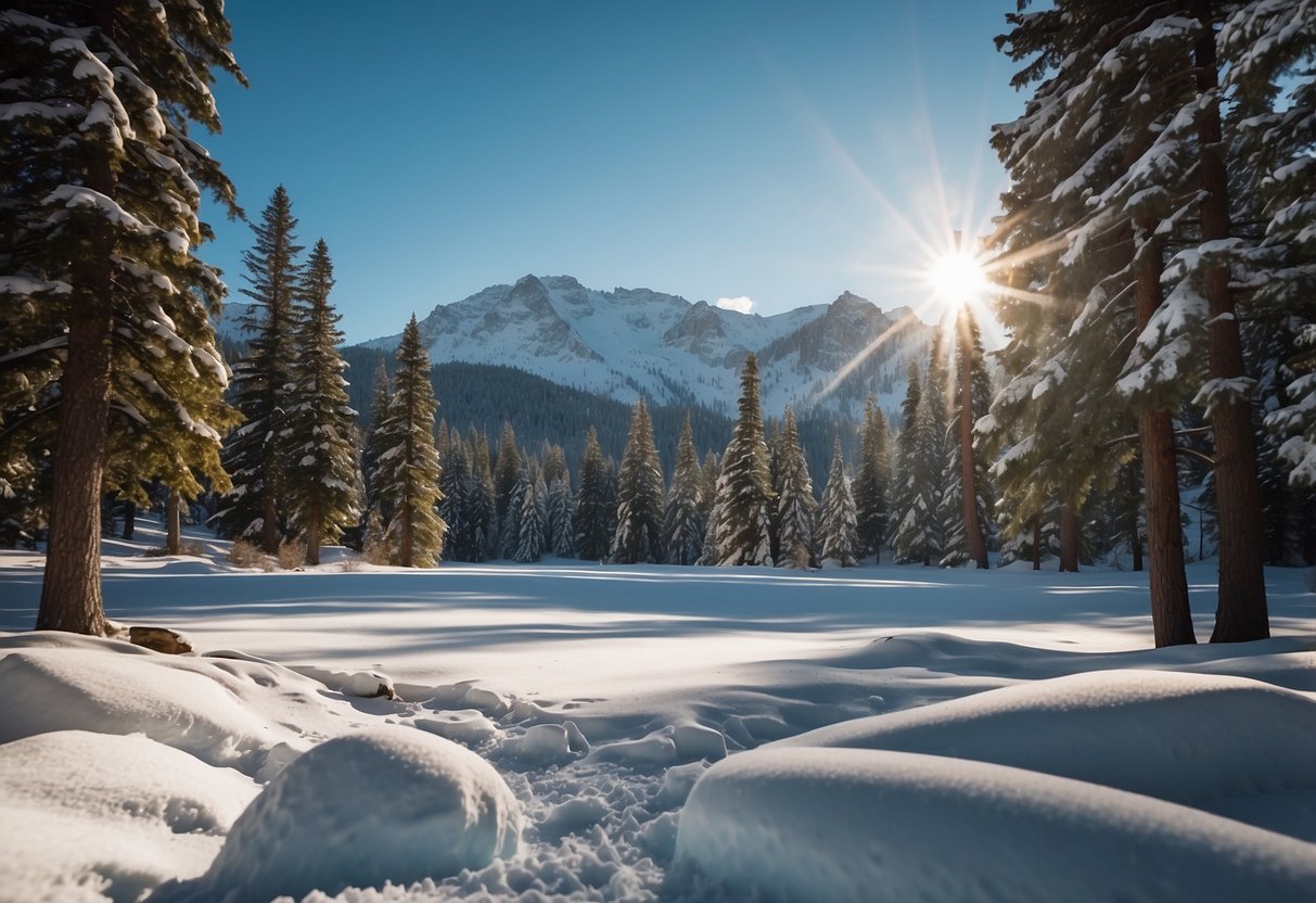 Snow-covered mountains surround a campsite with snowshoes and a cozy tent. Evergreen trees and a frozen lake complete the serene winter scene