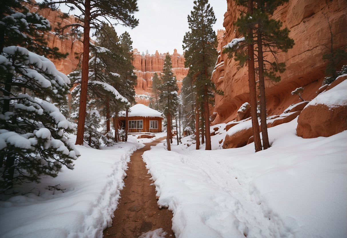 Snow-covered Bryce Canyon campsites nestled among towering red rock formations and pine trees, with snowshoe tracks leading through the serene winter landscape