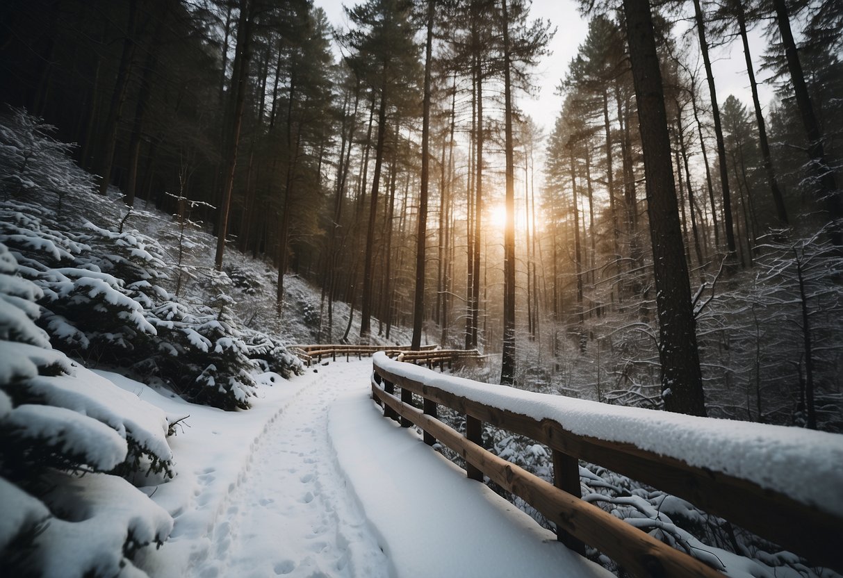 Snow-covered mountains, pine trees, and a winding trail through the forest in Great Smoky Mountains National Park, Tennessee