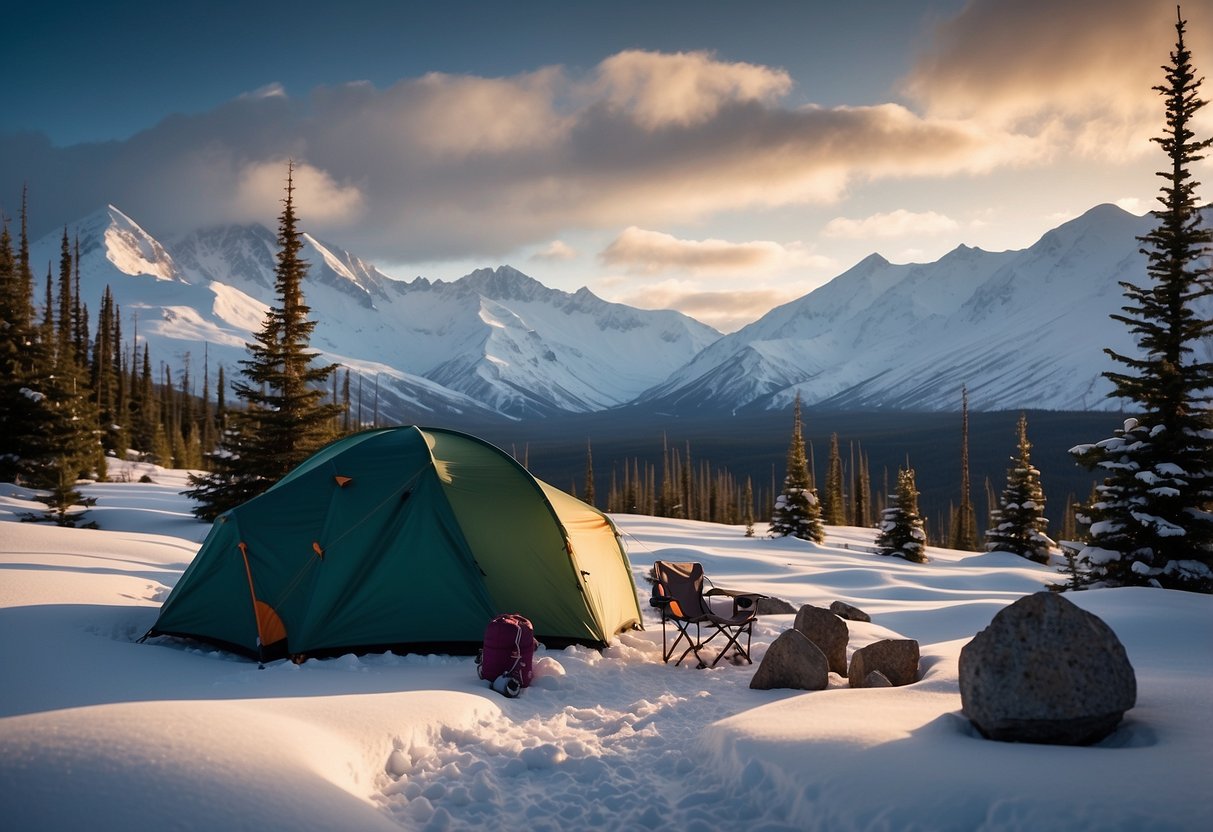 Snow-capped mountains overlook a snowy campsite with snowshoes and tents, surrounded by pine trees in Denali National Park, Alaska