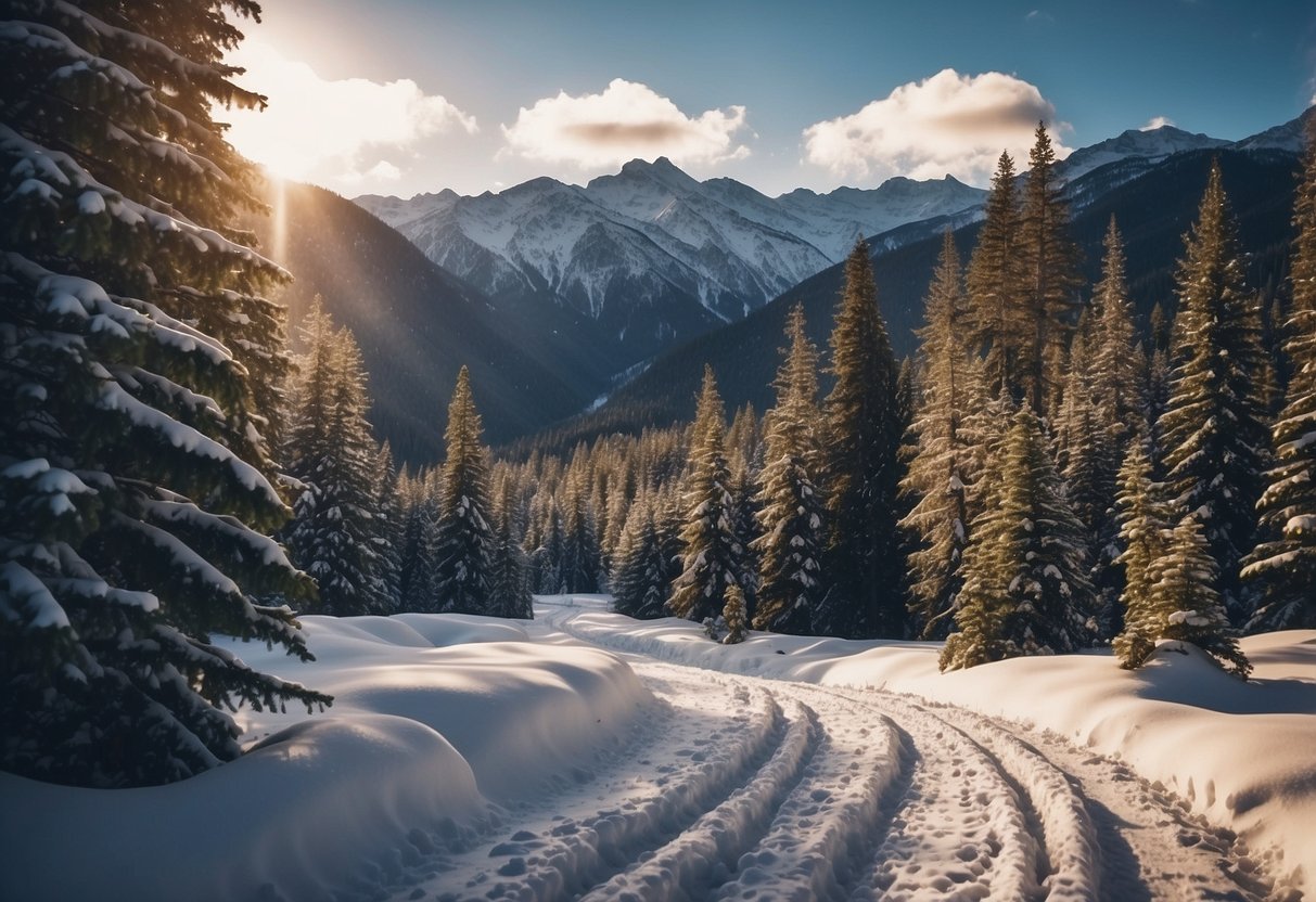 Snow-covered mountains rise above a forest of pine trees. A winding trail leads through the snowy landscape, with campsites nestled among the trees