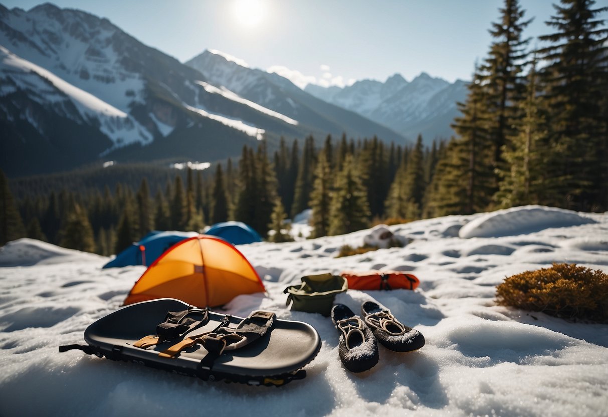 A snowy landscape with snowshoes, camping gear, and a trail map spread out. Trees and mountains in the background