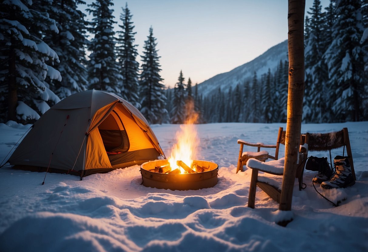 A snow-covered campsite with a tent, a campfire, and snowshoes laid out. A signpost with "Safety Tips for Winter Camping" and "10 Best Campsites for Snowshoers" is visible