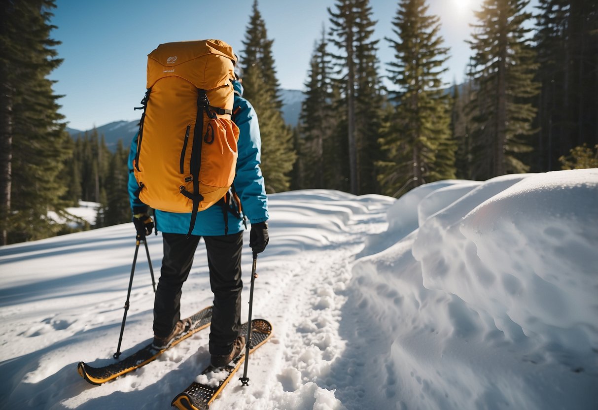 Snowshoes on snowy trail with trees, mountains in background. Backpack with water bottle, map, and snacks. Budget-friendly gear and clothing