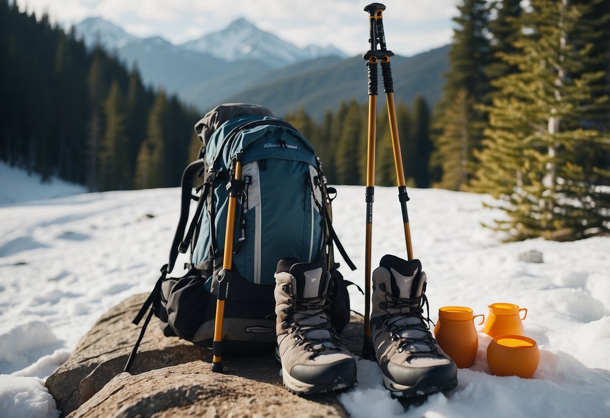 Snowshoes and poles borrowed from friends lay beside a snowy trail. A backpack with snacks and water sits nearby. Trees and mountains in the background