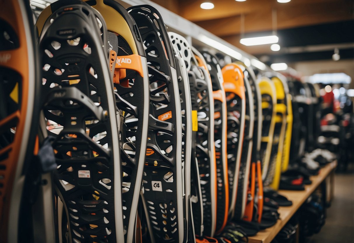 Snowshoes displayed on sale racks in a shop. Signage with tips for budget snowshoeing. Winter gear and accessories in the background