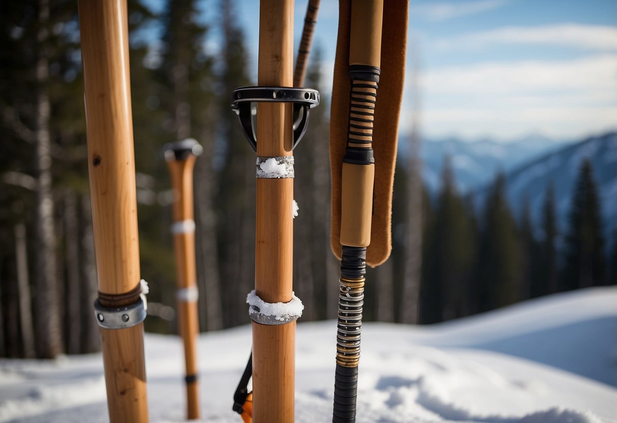 Snowshoe poles made from wooden sticks and rubber tips, surrounded by snowy terrain. A budget-friendly snowshoeing setup with DIY poles