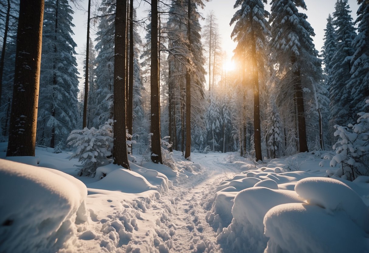 A snowy forest trail with snowshoe tracks, a map in hand, and budget-friendly gear like poles and warm clothing