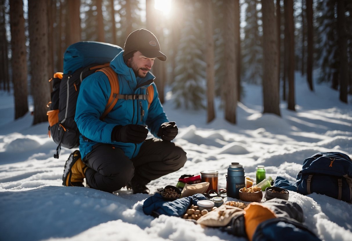 A snowshoer packs light gear, maps out a trail, and checks the weather. They bring snacks and water, and layer up for warmth