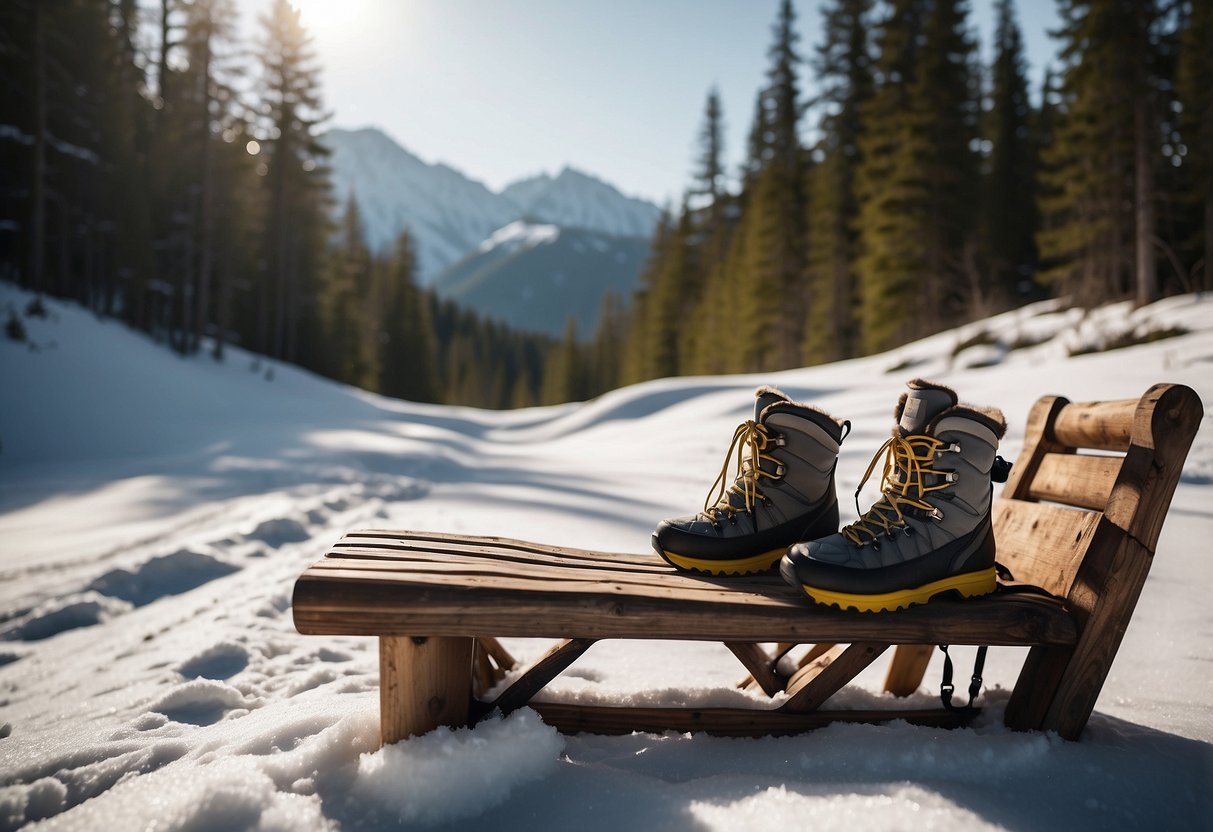 Snow-covered forest trail with snowshoes and 5 lightweight vests displayed on a wooden bench. Snow-capped mountains in the background