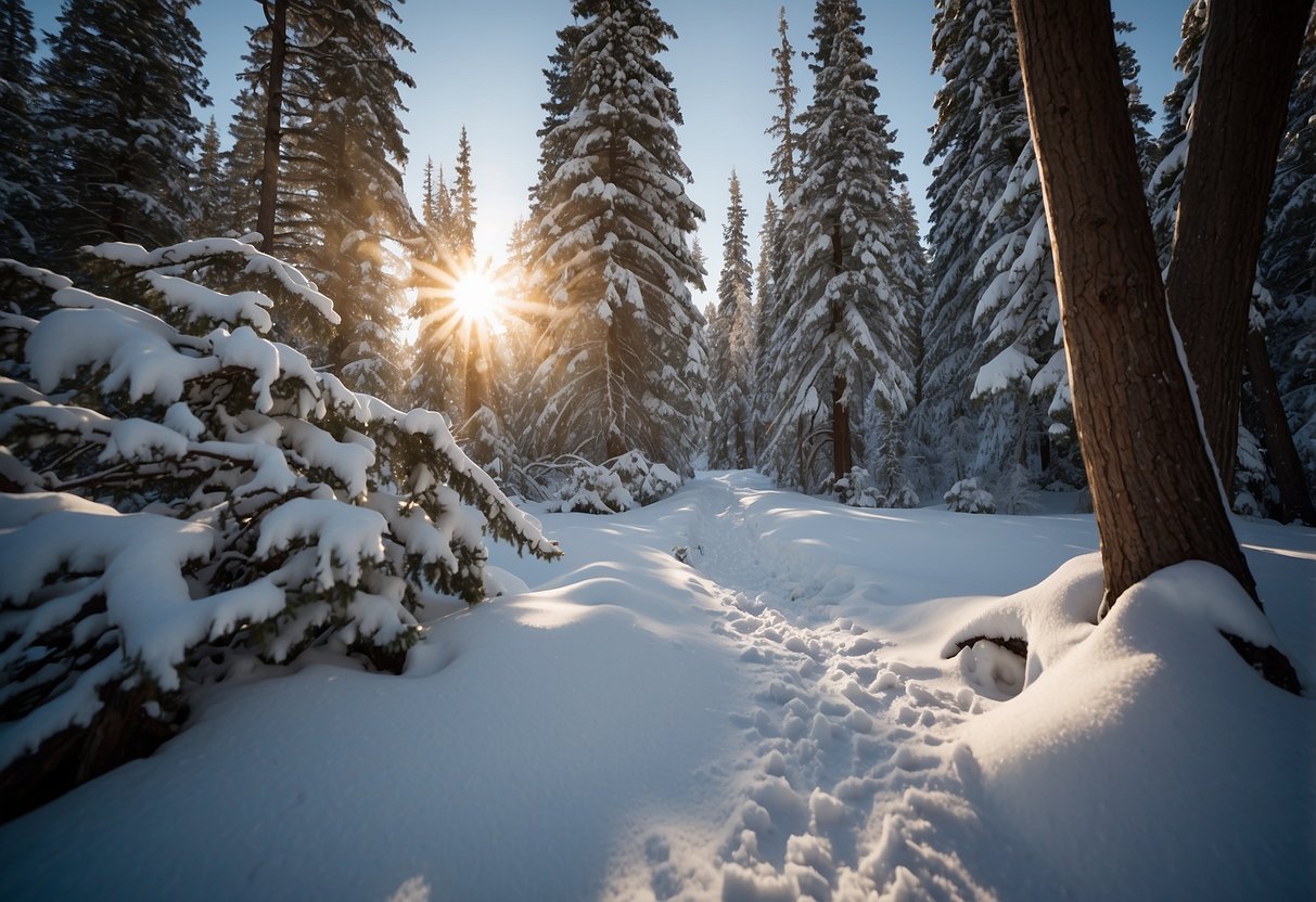 A snowy mountain trail with a lone pair of snowshoes and the Outdoor Research Men's Transcendent Vest hanging from a tree branch