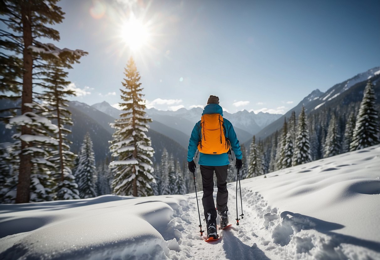 A snowshoer wearing The North Face ThermoBall Eco Vest trekking through a snowy forest with mountains in the background