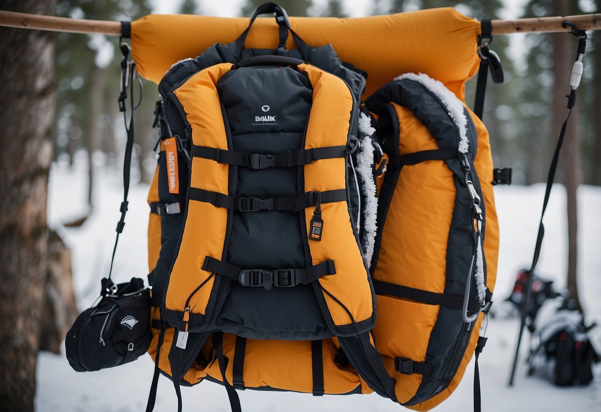 A snowshoeing vest hangs on a hook, surrounded by snowshoes and winter gear. A care guide and list of lightweight vest options are displayed nearby