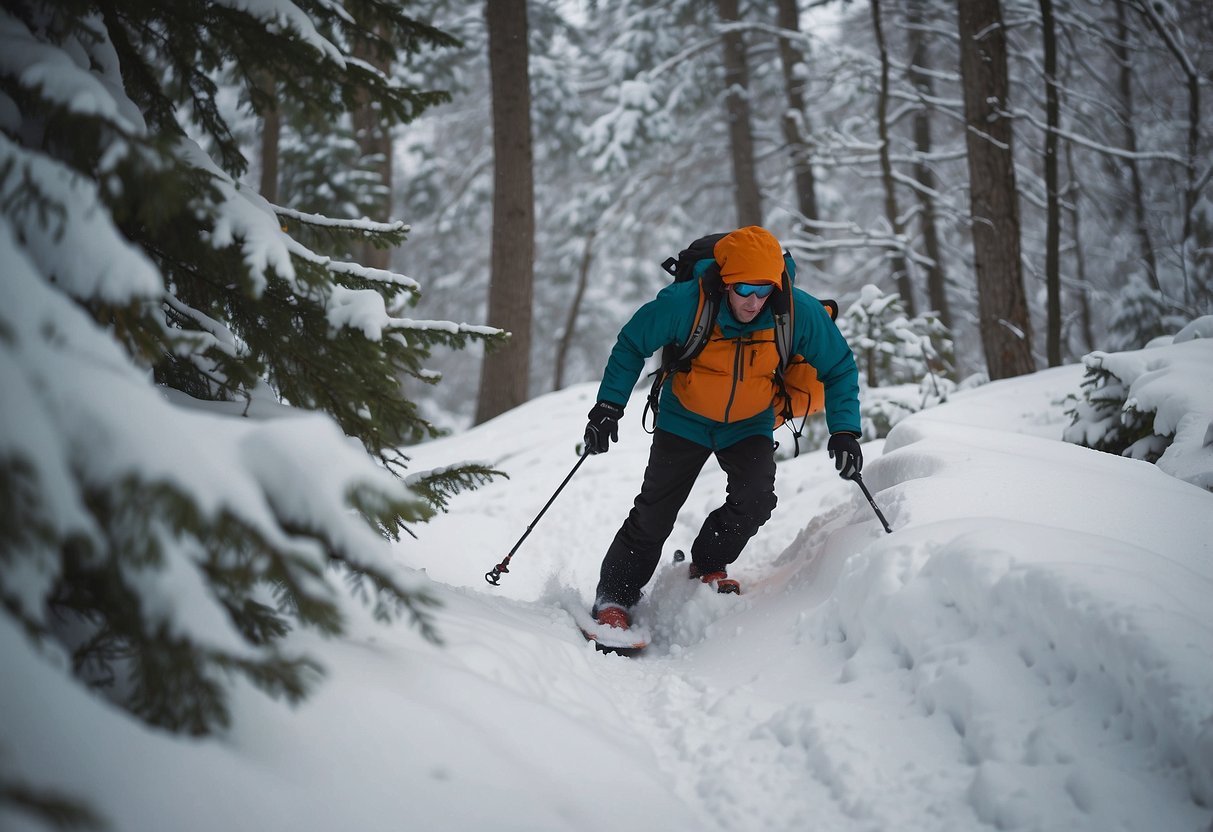 Snowshoer struggles on steep hill, sinking in deep snow. Another slips on icy patch. Others carry too much gear, slowing progress