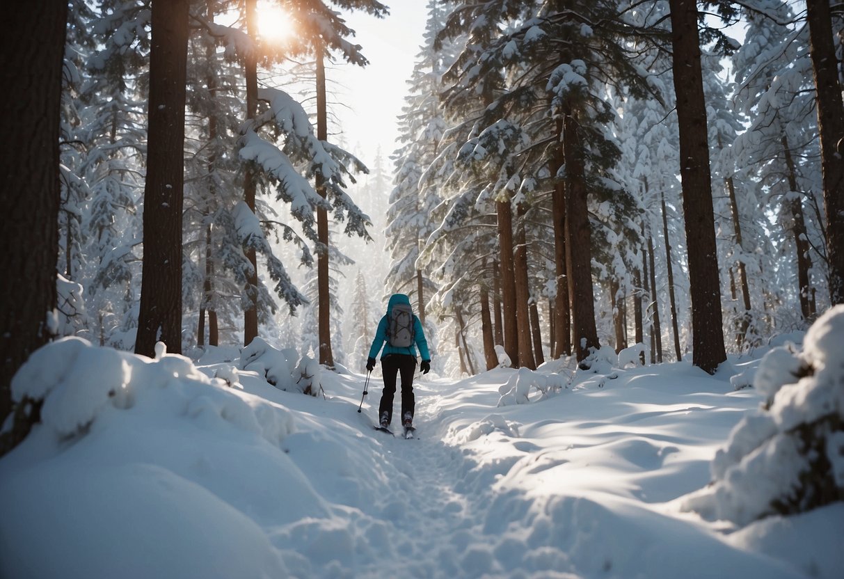 A person quickly snowshoeing, making common mistakes like wrong posture and not adjusting the bindings properly. Snow-covered trees and a trail in the background