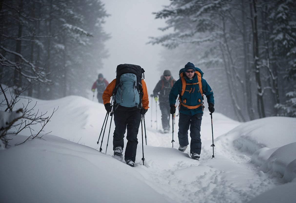 Snowshoers trek through snowstorm, unaware of poor visibility and deep snow. Avoiding common mistakes, they navigate safely with proper gear