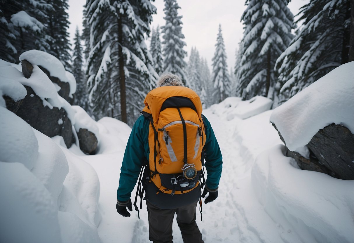 Snowshoer veers off trail, sinking into deep snow. Map and compass lay unused in backpack. Trees and rocks surround, marking the path not taken