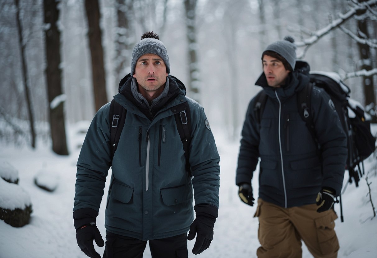 A snowshoer lost in a snowy forest, looking confused without a map or GPS. Trees and snow-covered ground surround them