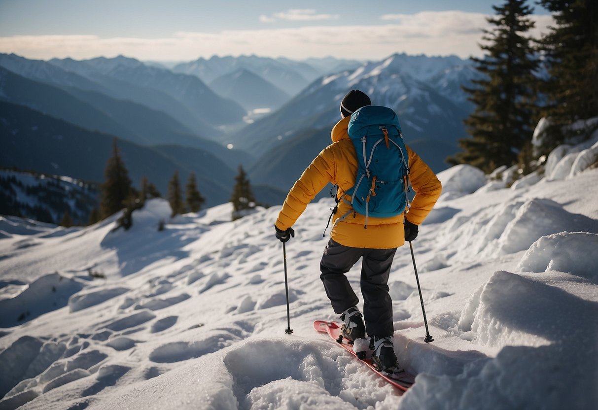 Snowshoer struggles on steep, icy slope. Poor footing and lack of traction cause frustration and slow progress