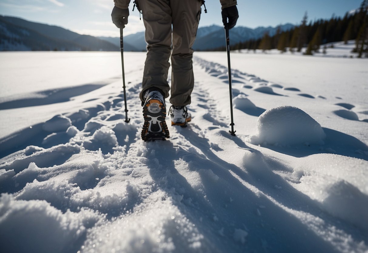 A snowshoer walking in the snow with a water bottle nearby, looking fatigued and dehydrated. Snowshoes are sinking into the snow due to lack of hydration