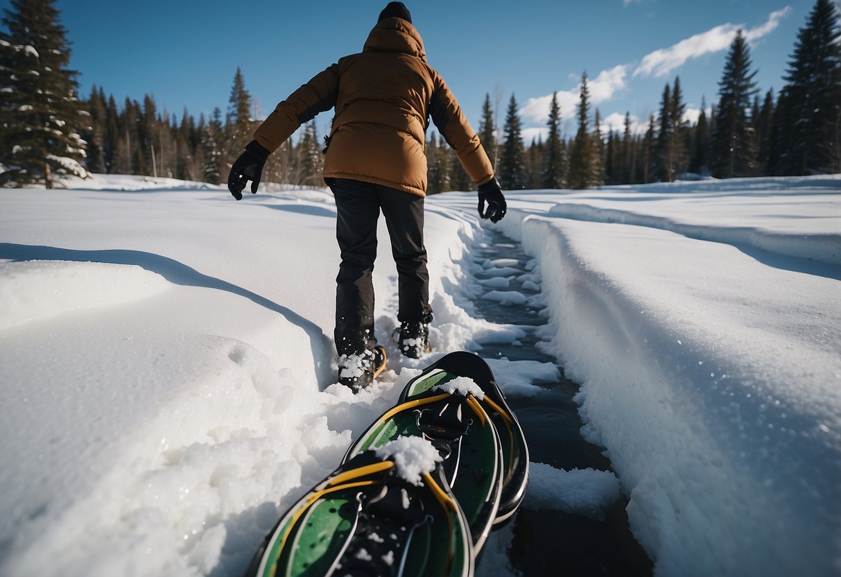 A person struggling to walk in deep snow with improperly strapped snowshoes, causing them to sink and struggle to move forward