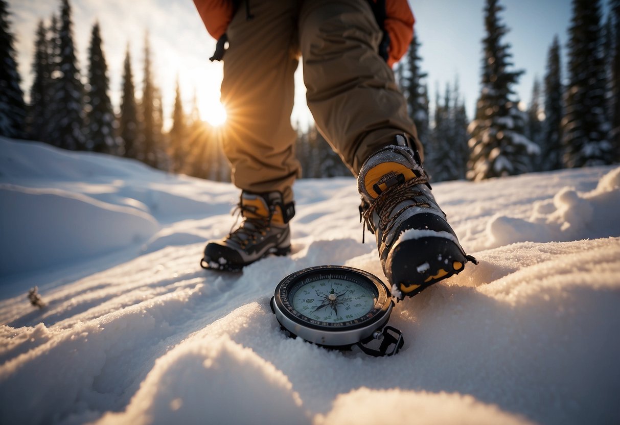 Snowshoer ignores wildlife warnings, steps off trail, falls into deep snow. Map and compass left behind. Sunset approaches