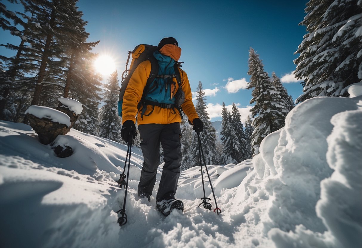 Snowshoer navigating steep terrain, avoiding tree wells, checking weather, and carrying essential gear