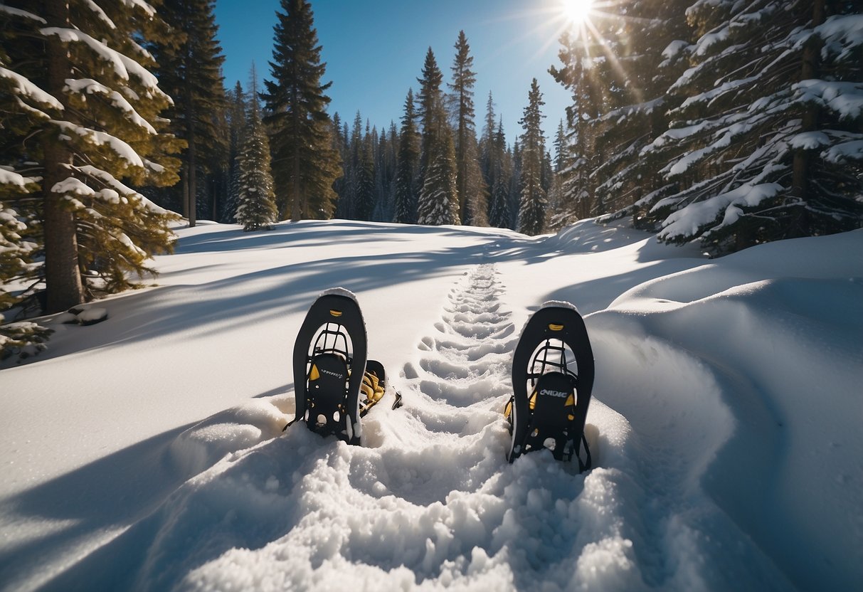 Snowshoes on snowy trail, surrounded by tall pine trees. Bright sun and blue sky overhead. Snow-covered mountains in the distance