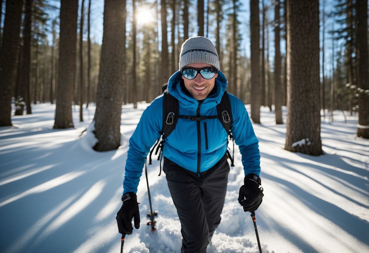 Snowshoer wearing moisture-wicking base layers in a snowy forest, surrounded by tall trees and a clear blue sky