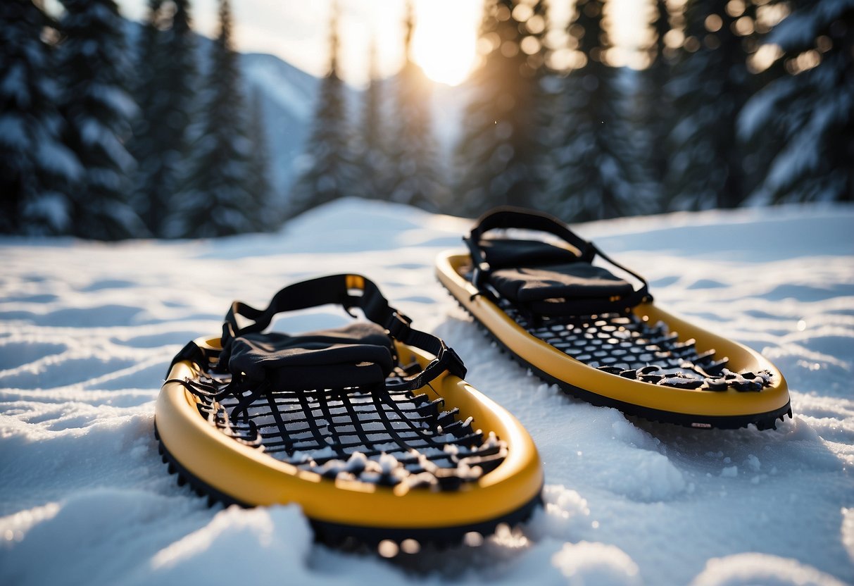 Snowshoes on snowy trail, hand warmers in use, trees and mountains in background